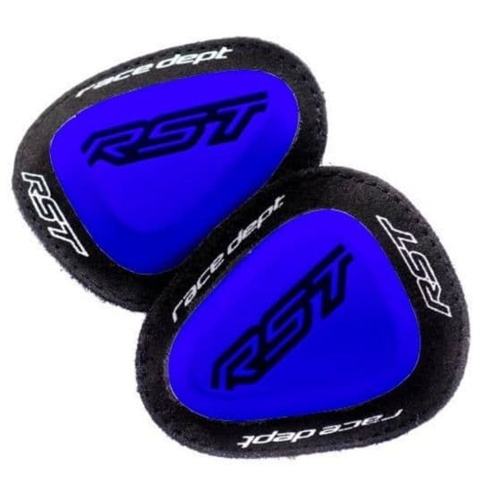 Blue RST 1929 Dept Factory elbow sliders featuring a smooth, durable surface with a black fabric backing and prominent RST logo in the center.