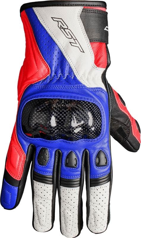 RST Stunt III gloves in blue, white, and red, featuring a carbon knuckle protector, perforated leather for breathability, and reinforced palm for enhanced grip, size 9.
