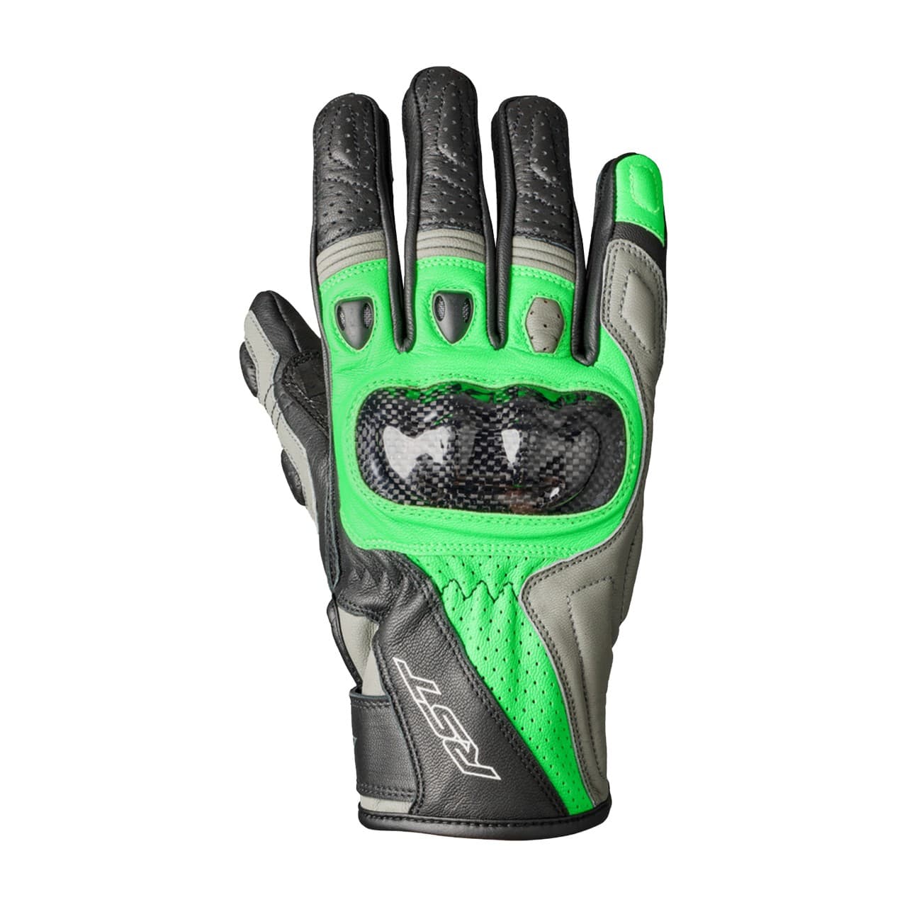 Black, neon green, and grey motorcycle gloves featuring a textured grip, protective knuckle armor, and reinforced stitching, designed for stunt riding, size 9.