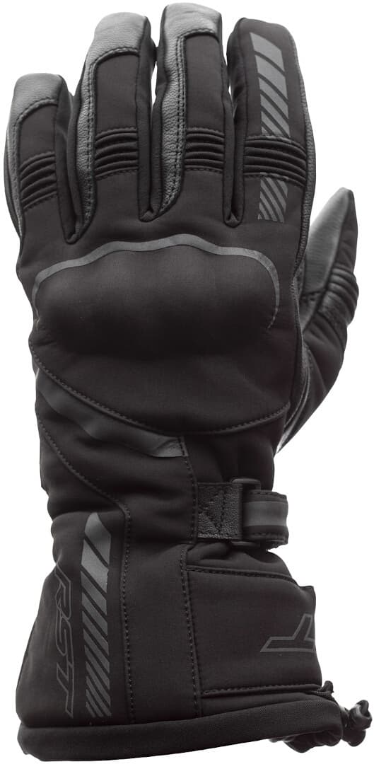 Black waterproof gloves by RST, featuring a padded palm, textured grip, and adjustable wrist strap, designed for size 8.