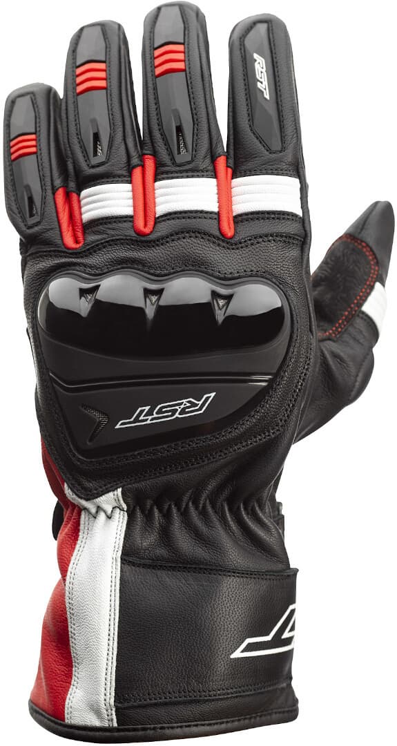 Black leather gloves with white and red accents, featuring reinforced knuckles, grip-enhancing palm, and RST branding, designed for size 9.