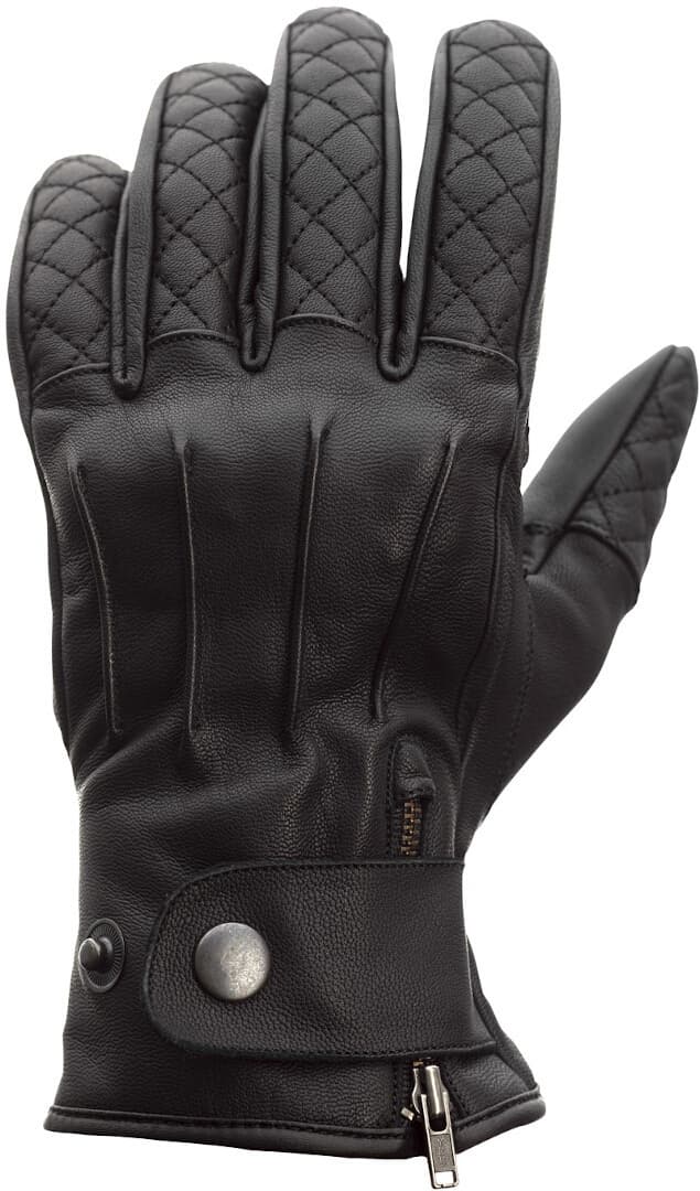 Black leather gloves with a quilted pattern, featuring a zippered cuff and a snap button closure, designed for a snug fit and comfort, size 10.