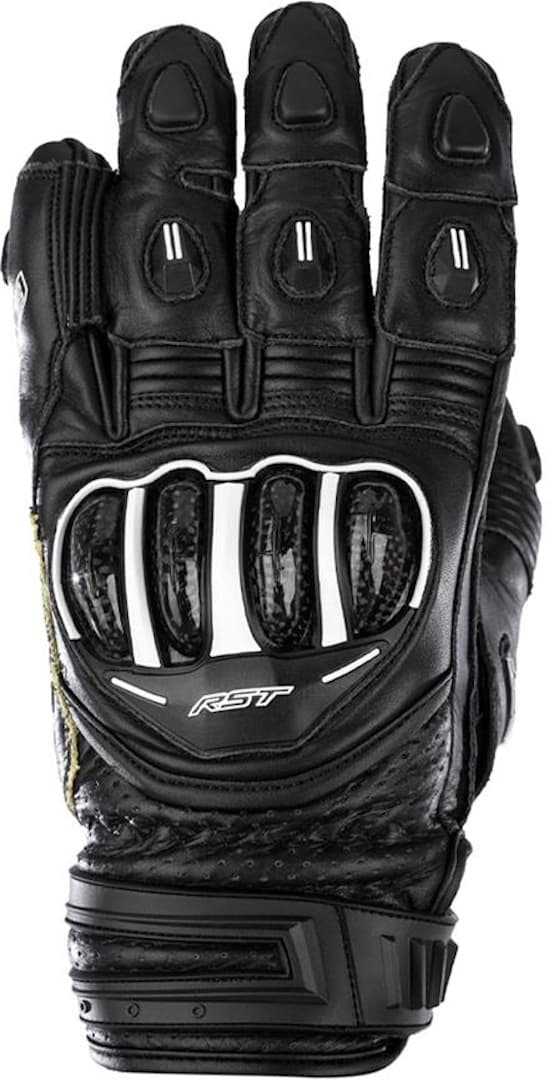Black RST TracTech Evo 4 Short gloves in size 10, featuring protective knuckle armor, reinforced palm, and ventilation panels for enhanced grip and comfort.