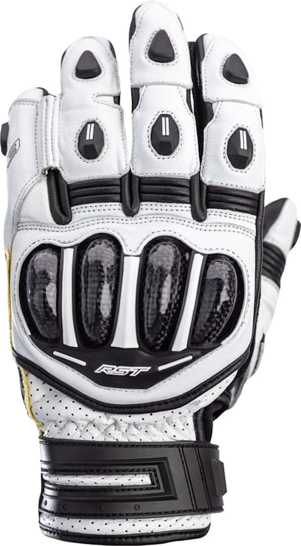 RST TracTech Evo 4 short gloves in white and black, featuring carbon knuckle protection, perforated leather, and a secure wrist strap, size 9.