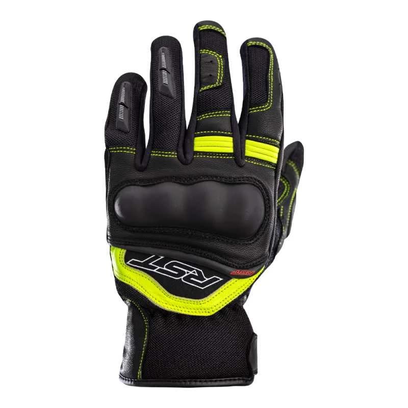 Black and neon-yellow RST Urban Air 3 gloves, featuring a padded knuckle area, reinforced palm, and adjustable wrist strap, designed for comfort and protection. Size 9.