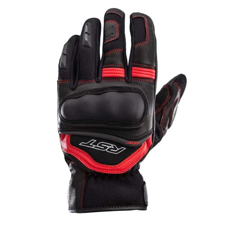 Black and red RST Urban Air 3 gloves, size 9, featuring a durable leather exterior, padded knuckles, and mesh panels for breathability.