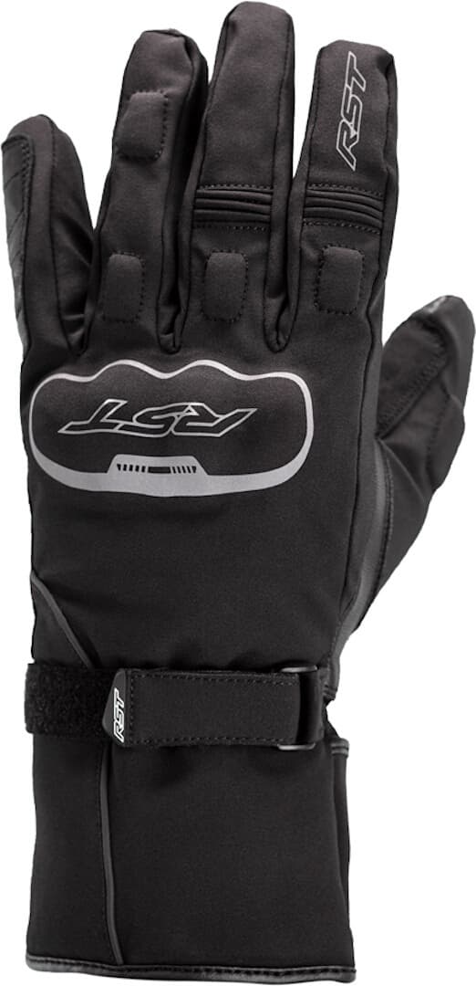 Black waterproof gloves by RST, featuring a snug fit, reinforced palm, and adjustable wrist strap, designed for size 8.
