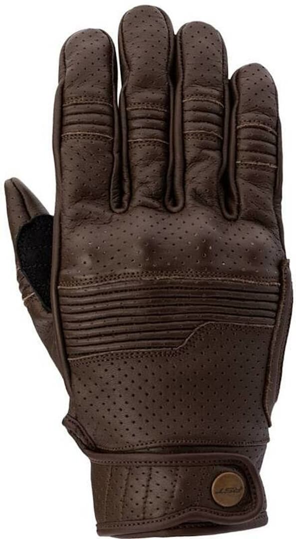 Dark brown RST Roadster 3 gloves in size 7, featuring perforated leather for breathability, padded knuckles, and a secure wrist strap for a comfortable fit.