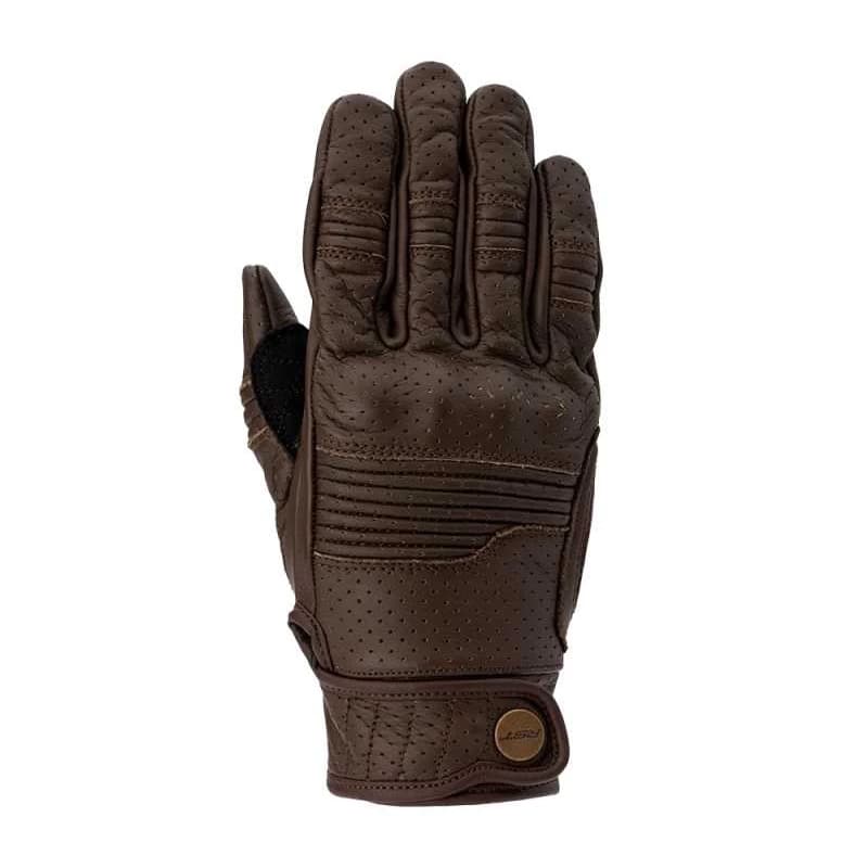 Dark brown women's motorcycle gloves made from perforated leather, featuring padded sections and a snug fit with a wrist closure for added comfort. Size 8.