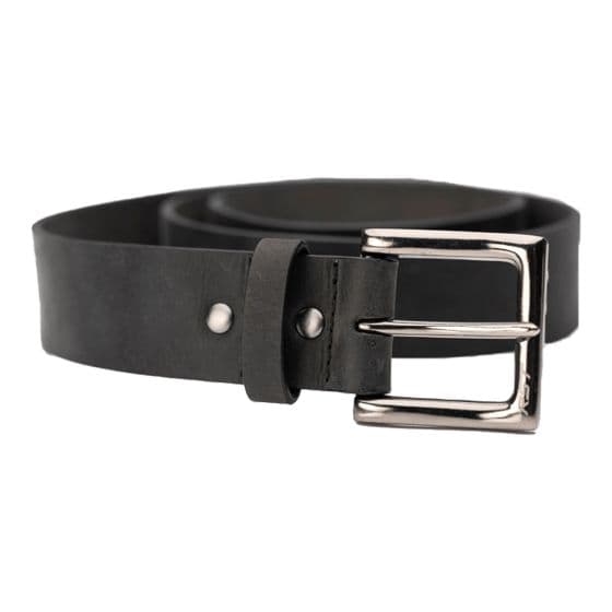 Black leather belt by RST, size small, featuring a sleek design, a shiny silver metal buckle, and a single snap closure.