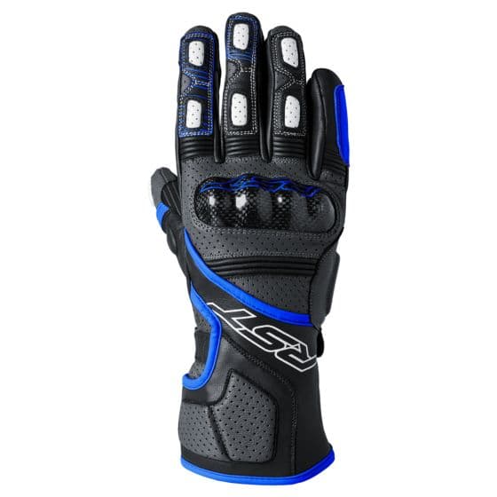 Grey, blue, and black RST Fulcrum gloves with a sleek design, featuring carbon fiber knuckles, perforated leather for breathability, and reinforced fingertips, sized 12.