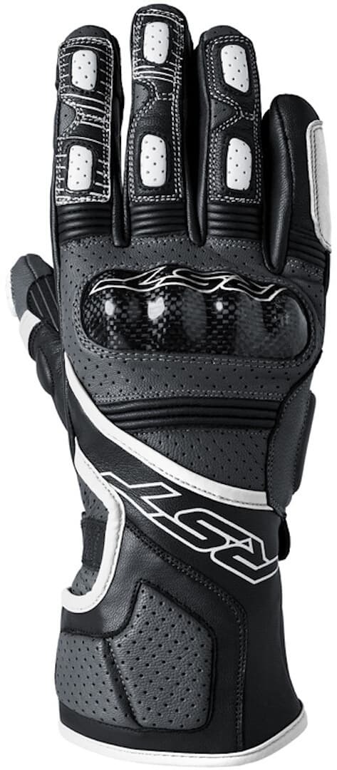 RST Fulcrum gloves in grey, white, and black, featuring a sleek design, carbon fiber knuckle protection, perforated leather for breathability, and a snug fit. Size 12.