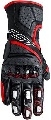 RST Fulcrum gloves in grey, red, and black, featuring perforated leather, carbon fiber knuckle protection, and padded palms, designed for size 10.