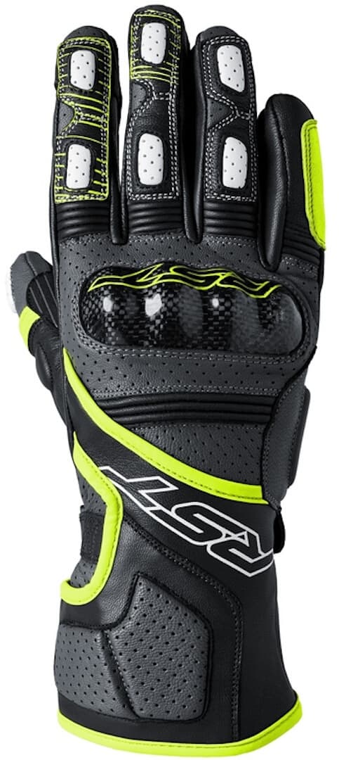 Grey, neon-yellow, and black RST Fulcrum gloves feature carbon knuckle protection, perforated leather for breathability, and padded palm for grip, in size 8.