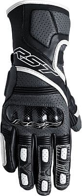 RST Fulcrum gloves in grey, white, and black, featuring perforated leather, carbon fiber knuckle protection, and padded areas for enhanced grip and comfort, size 7.