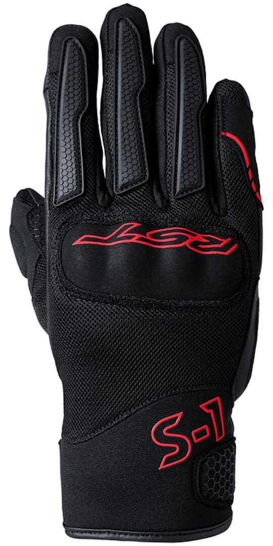 Black and red RST S-1 Mesh gloves in size 9, featuring a breathable mesh design, padded knuckles, and textured grip on the fingers.