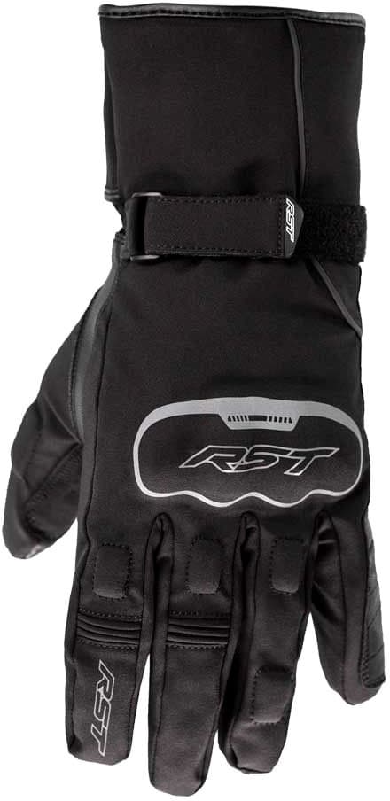 Black waterproof women's gloves by RST, featuring a secure wrist strap, padded palm, and logo detailing, designed for comfort and protection in size 8.