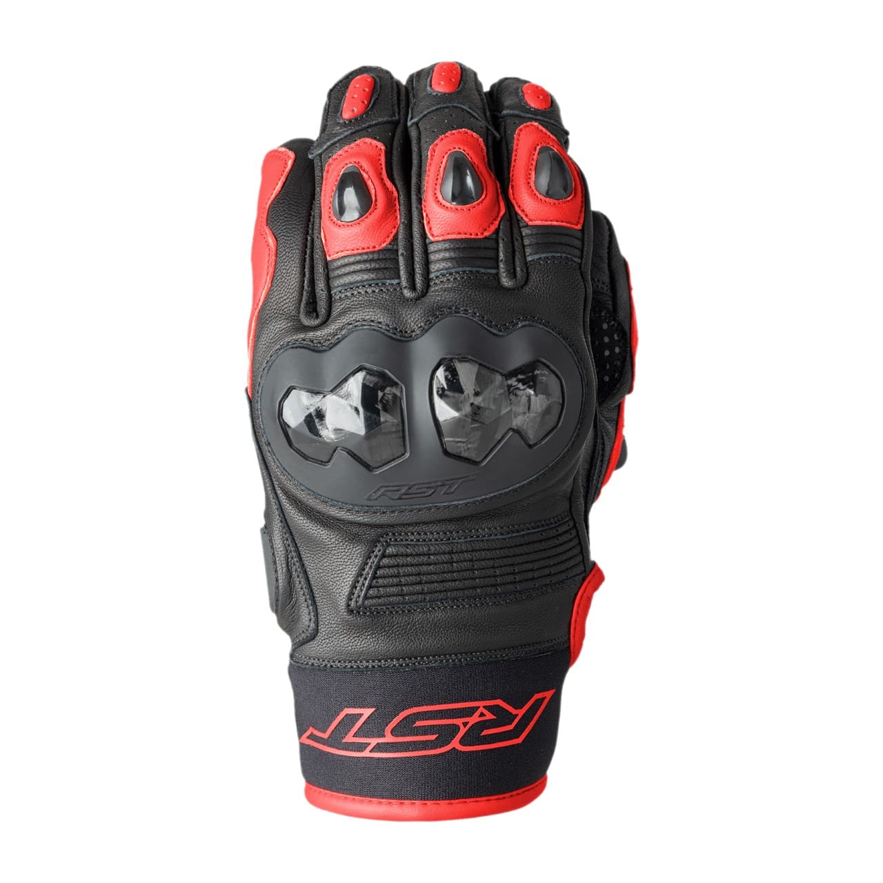 Black and red RST Freestyle 3 D3O gloves featuring protective knuckles, padded palm, and reinforced stitching, designed for a snug fit in size 8.