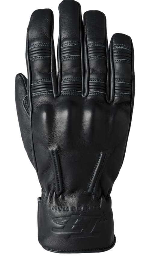 Black leather motorcycle gloves featuring padded knuckles, stitched detailing, and an elastic cuff for a secure fit, designed for men and labeled with the RST logo.
