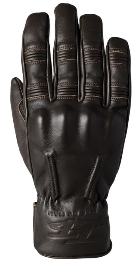 Dark brown leather gloves with stitched detailing, featuring a snug fit and reinforced palm, designed for motorcycle riding, size 10, by RST.