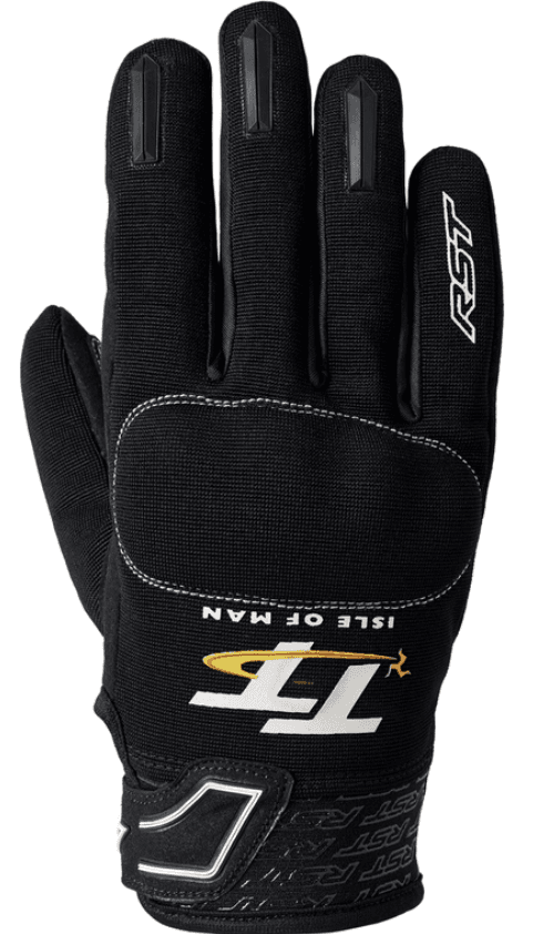 Black and white RST IOM TT Team Evo gloves in size 8, featuring a textured grip, reinforced knuckles, and a sleek design with logo detailing.