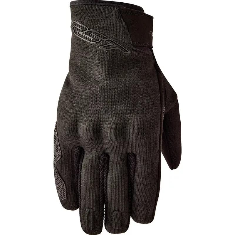 Zwarte leren motorhandschoenen voor dames, ontworpen voor de zomer, met ademende stof, CE-keuring en RST-logo op de bovenkant.