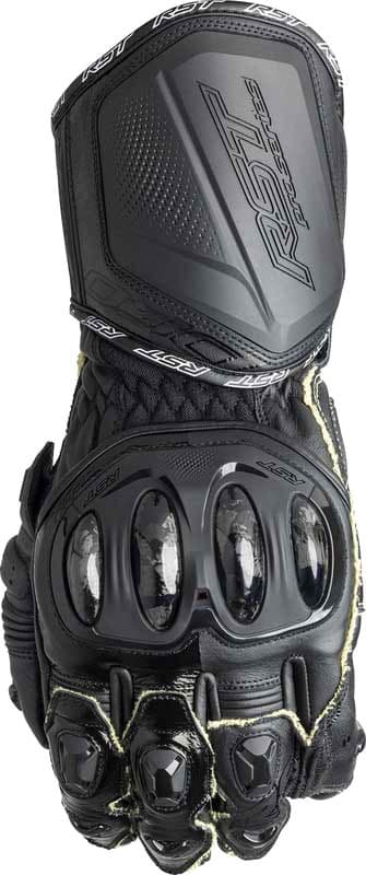 Black RST Pro Series GP D3O gloves, size 8, featuring reinforced knuckles, padded palm, and a sleek design with yellow stitching accents.