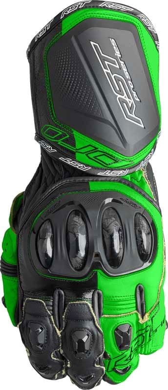 Neon green and black RST Pro Series GP D3O gloves, featuring a protective knuckle design, reinforced palm, and size 11, ideal for motorcycle racing.