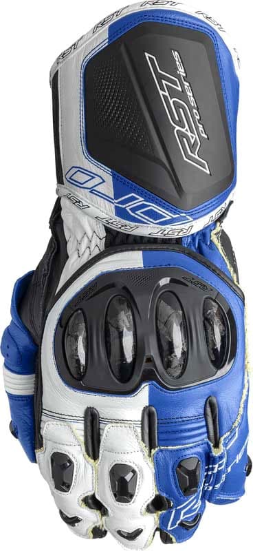 Blue, white, and black RST Pro Series GP D3O gloves featuring a sleek design, protective knuckle armor, and reinforced palm for enhanced grip and safety, size 8.