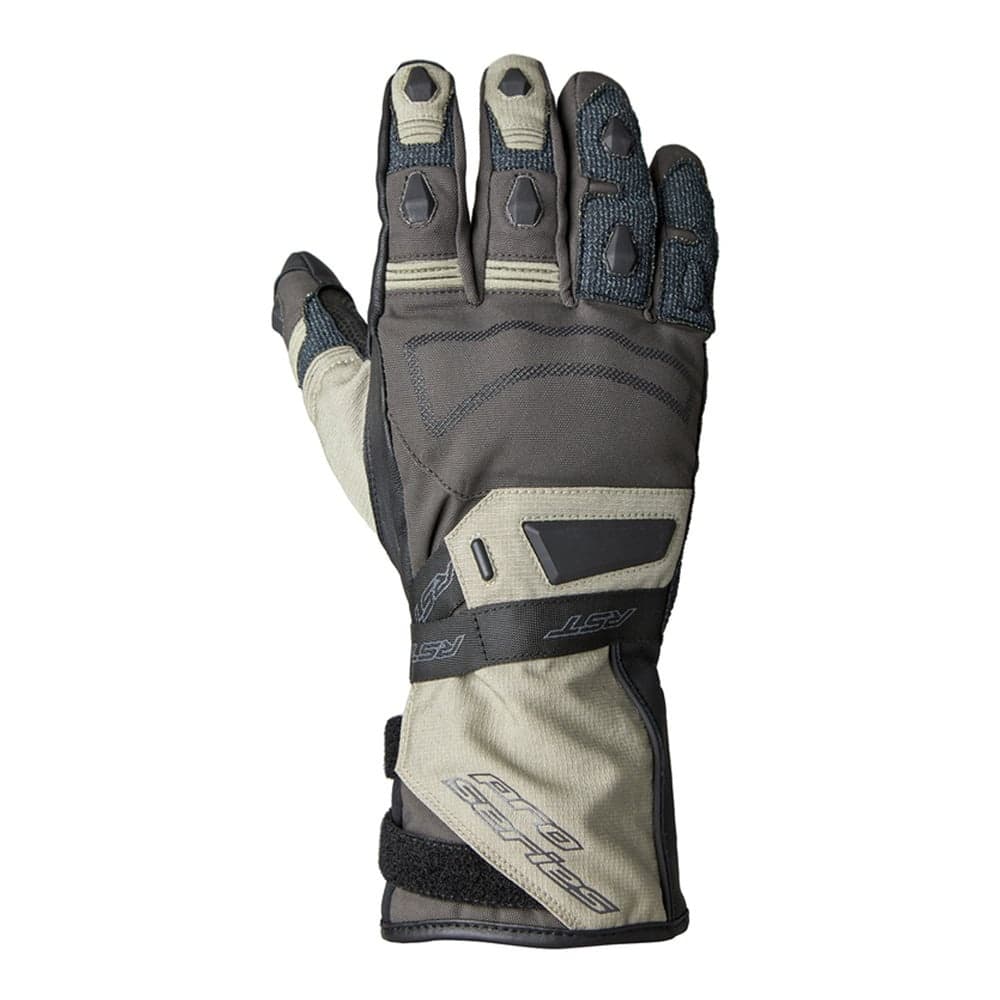 Beige, brown, and black waterproof gloves with reinforced fingertips, textured grip, and adjustable wrist strap, sized small, designed for outdoor use by RST.