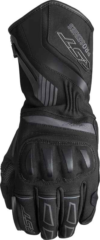 Black waterproof RST Pro Series Vega gloves in size 8, featuring padded knuckles, reinforced palms, and a sleek design for enhanced grip and protection.