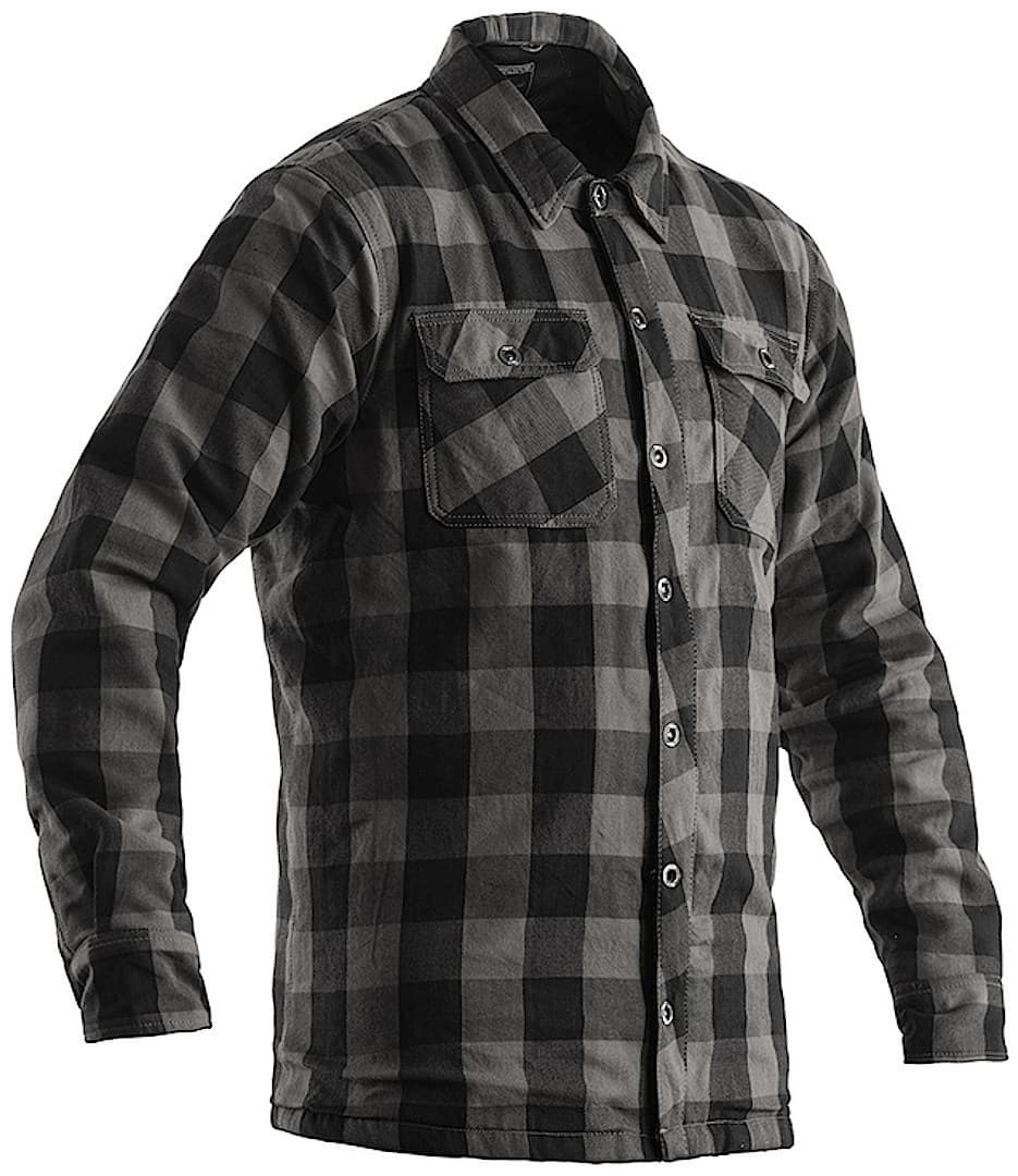 Grey and black plaid lumberjack motorcycle shirt for men, featuring long sleeves, button-up front, and two chest pockets, made from durable material. Size S.