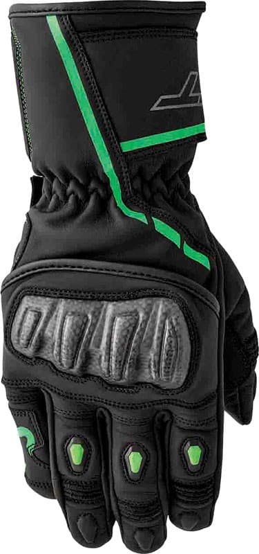 Black and neon-green RST S1 gloves in size 10, featuring padded knuckles, reinforced palm, and a sleek design with contrasting green accents.