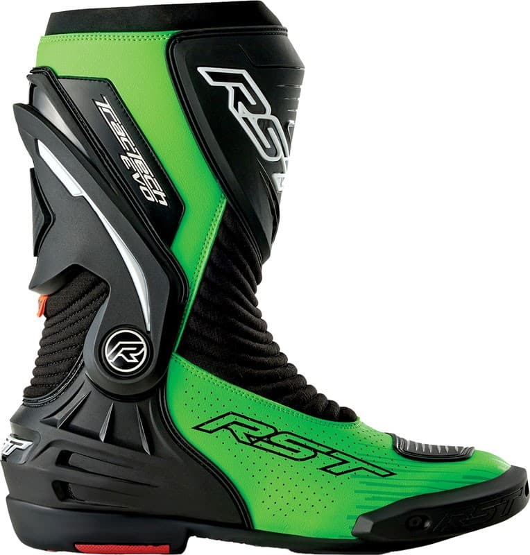 Perforated black and neon-green RST TracTech Evo D3O boots, featuring a sleek design, reinforced ankle support, and a textured sole for enhanced grip, size 41 EU.