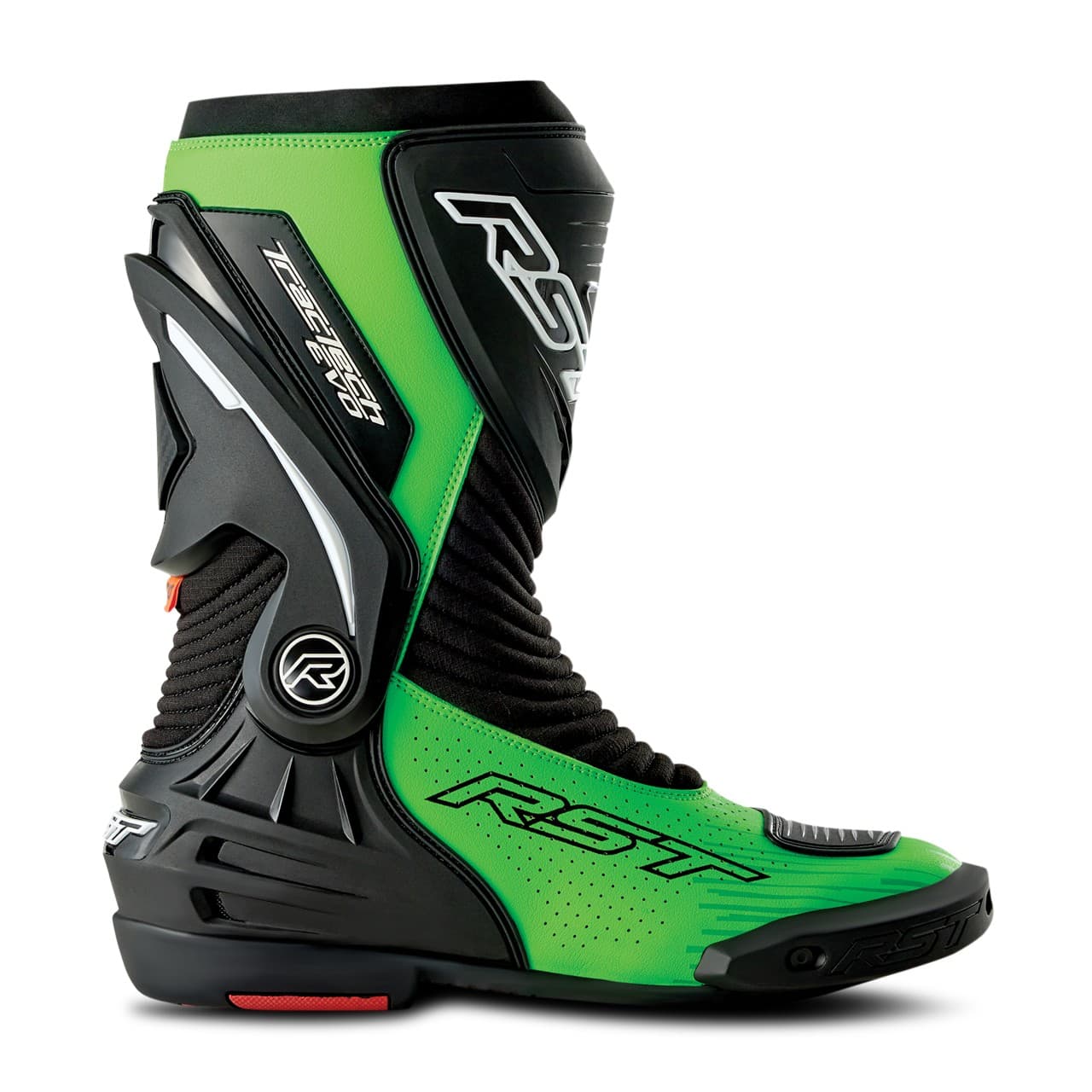 Black and neon green perforated RST TracTech Evo D3O boots in size 42 EU, featuring a sleek design, reinforced ankle support, and a textured sole for grip.