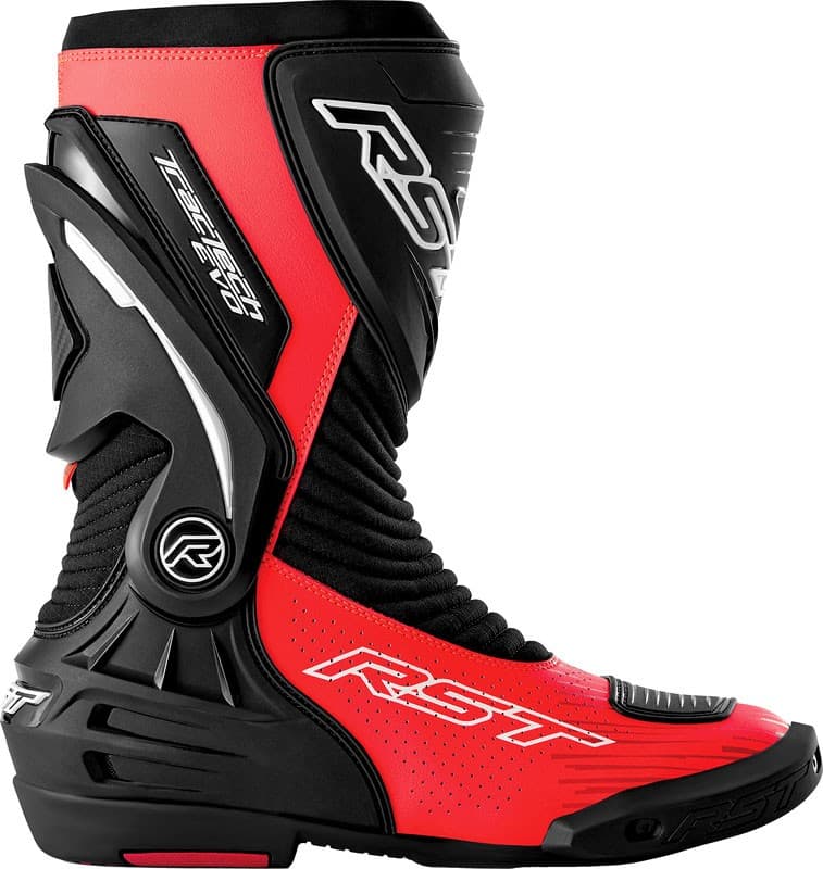 RST TracTech Evo D3O boots in black and neon red, featuring perforated material, a sleek design, and a high-top profile for enhanced support and protection.