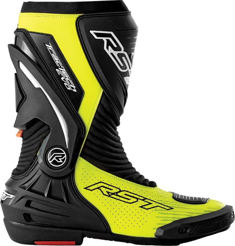 Black and neon-yellow perforated RST TracTech Evo D3O boots, featuring a sleek design, protective materials, and a snug fit, size 41 EU.