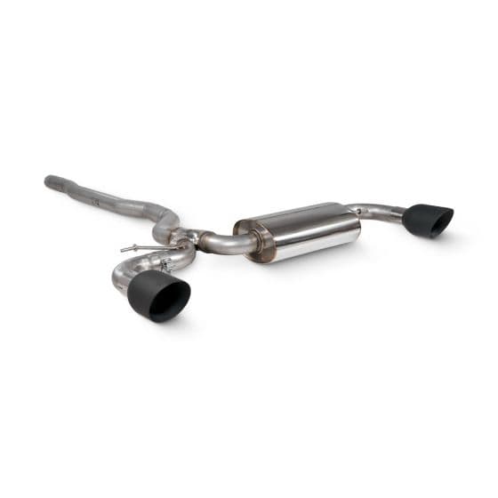 Scorpion Non-Resonated 2.75" GPF Back Exhaust System featuring a polished stainless steel body and two 114mm round ceramic black tailpipes.