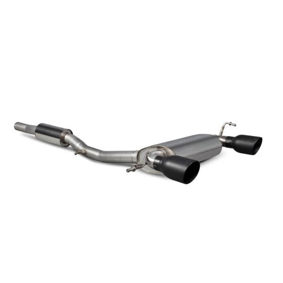 Scorpion 2.75" cat back exhaust system featuring stainless steel construction, dual 100mm round Daytona ceramic black tailpipes, and a sleek, polished design.