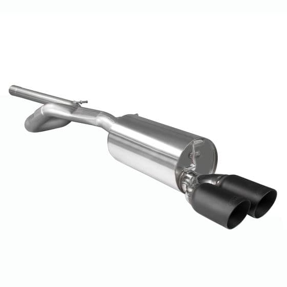 Scorpion 2.75" cat back exhaust system features a polished stainless steel body and two 89mm round Daytona ceramic black tailpipes for enhanced performance and style.