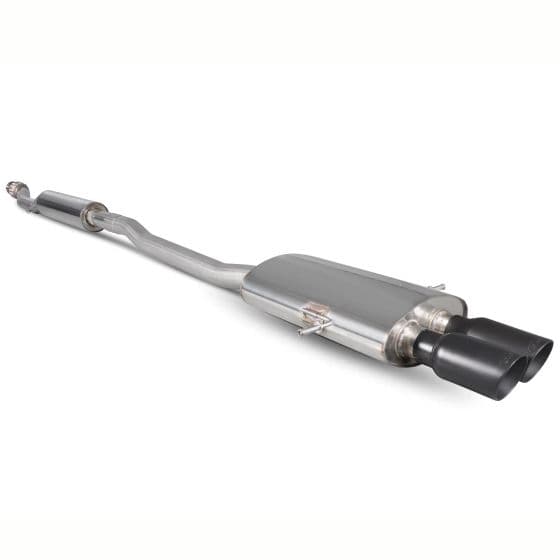 Scorpion 2.75" cat back exhaust system featuring a polished stainless steel body and two 90mm round Daytona ceramic black tailpipes.
