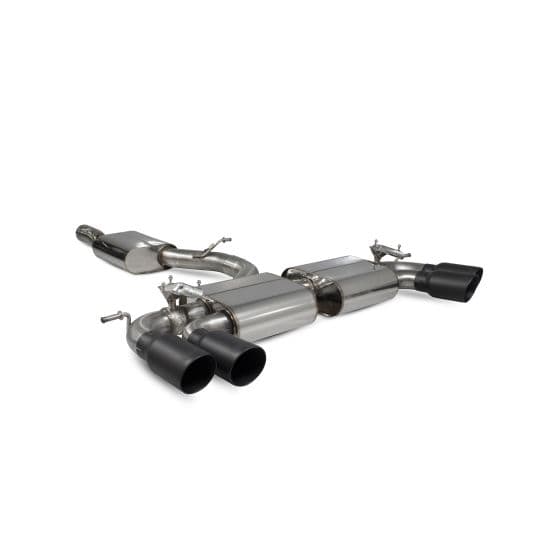 Scorpion Resonated 3.15" GPF Back Exhaust System featuring stainless steel construction and 4x 114mm round Daytona ceramic black tailpipes.