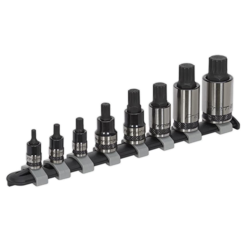Eight-piece Sealey AK6214B Spline Socket Bit Set featuring chrome vanadium steel bits in varying sizes, mounted on a black and gray holder for easy organization.