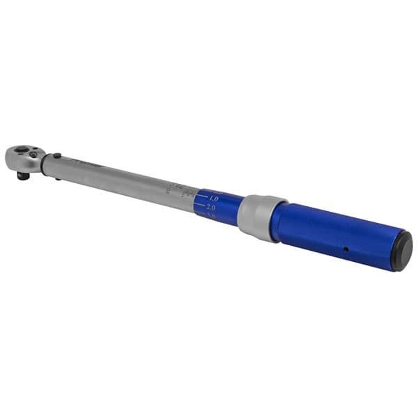 Micrometer-style torque wrench with a 3/8" square drive, featuring a silver metal shaft and a blue textured handle, adjustable from 20 to 120 Nm, with clear measurement markings.