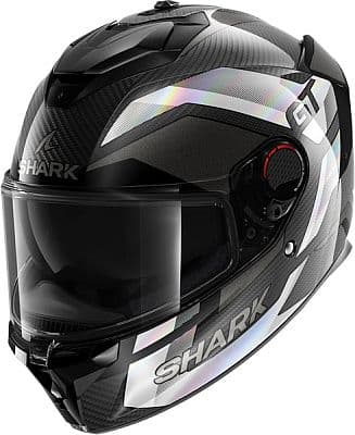 Black and dark grey full face helmet with silver accents, featuring a carbon finish, a tinted visor, and a prominent Shark logo on the side, size XXL.