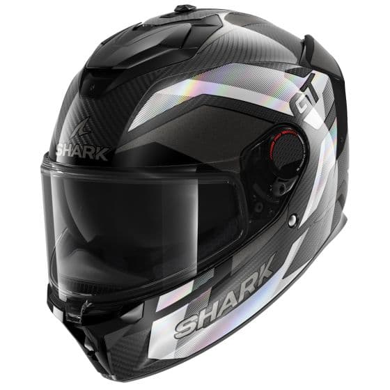 Shark Spartan GT Pro Carbon Ritmo full face helmet in black, dark grey, and silver, featuring a sleek carbon fiber design, tinted visor, and size S.