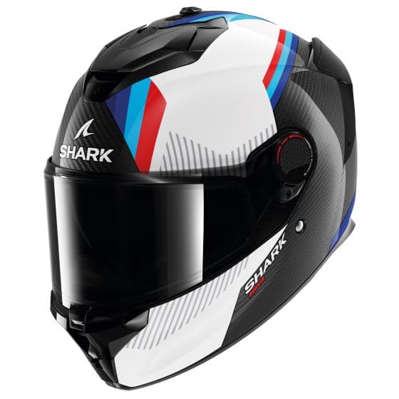 Full face helmet in black, white, blue, and red with a carbon finish, featuring a sleek design, large visor, and Shark branding, size S.