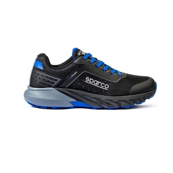 Black and blue Sparco S-Park safety shoes in size UK 10.5 / EUR 45, featuring a breathable mesh upper, reinforced toe, and cushioned sole for comfort and support.