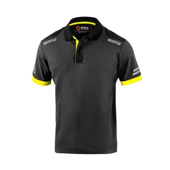 Sparco Tech Polo Shirt in grey with fluro yellow accents, featuring a classic collar, short sleeves, and logo details on the shoulders, made from breathable material, size XXL.