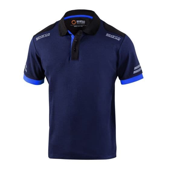 Navy blue polo shirt with cyan accents, featuring a collar, short sleeves, and Sparco logos on the chest and shoulders, made from breathable material, size M.